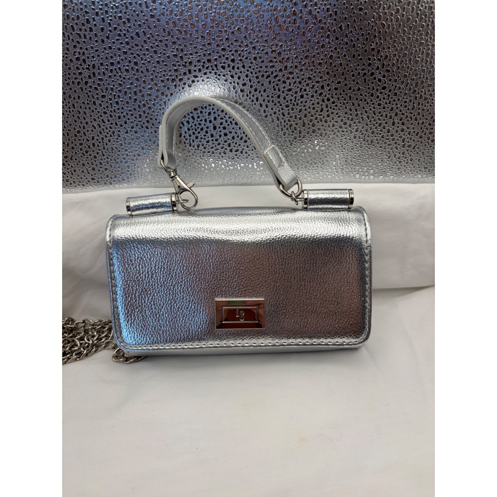 Lulu Guinness Silver Metallic Pebbled Leather Crossbody Bag LG Logo Top Handle